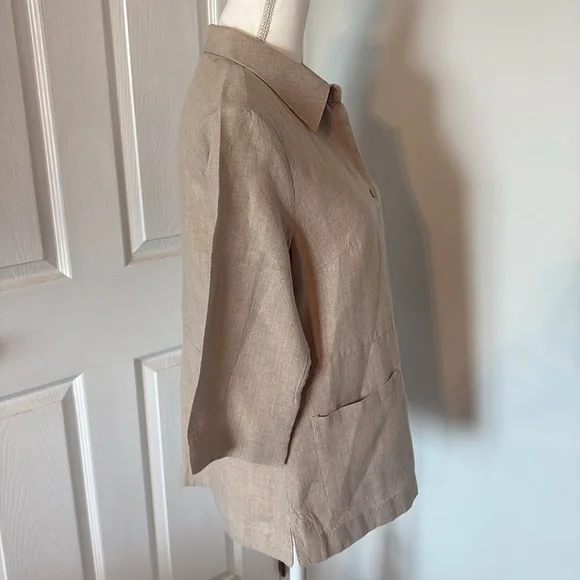 Linen Shirt Jacket Neutral Minimalist Button Front Capsule Wardrobe Layering Top - Picture 6 of 8